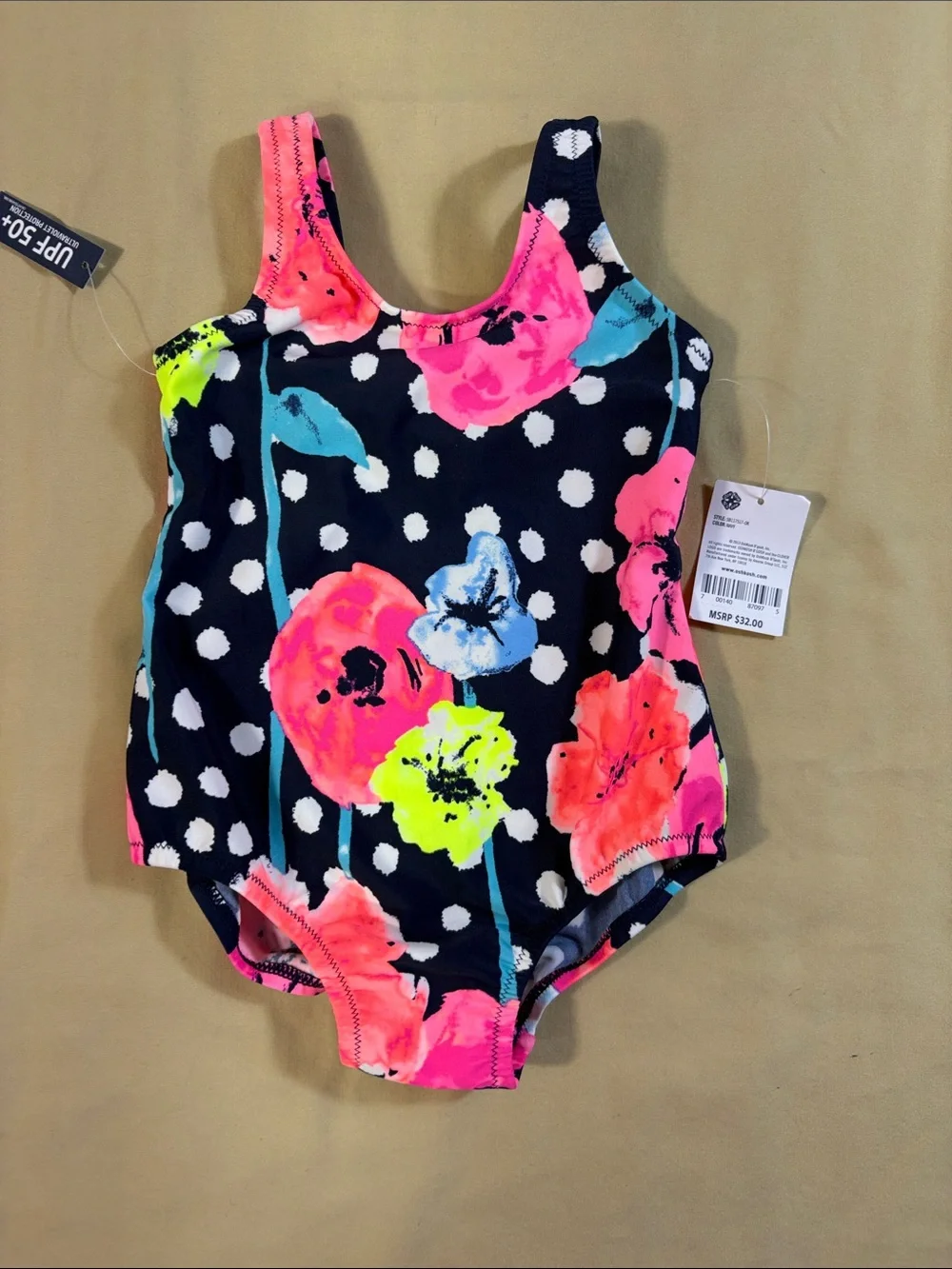 OshKosh‎ B'gosh NWT Navy Blue Polka Dot Neon Floral One Piece Swimsuit Girls 18M